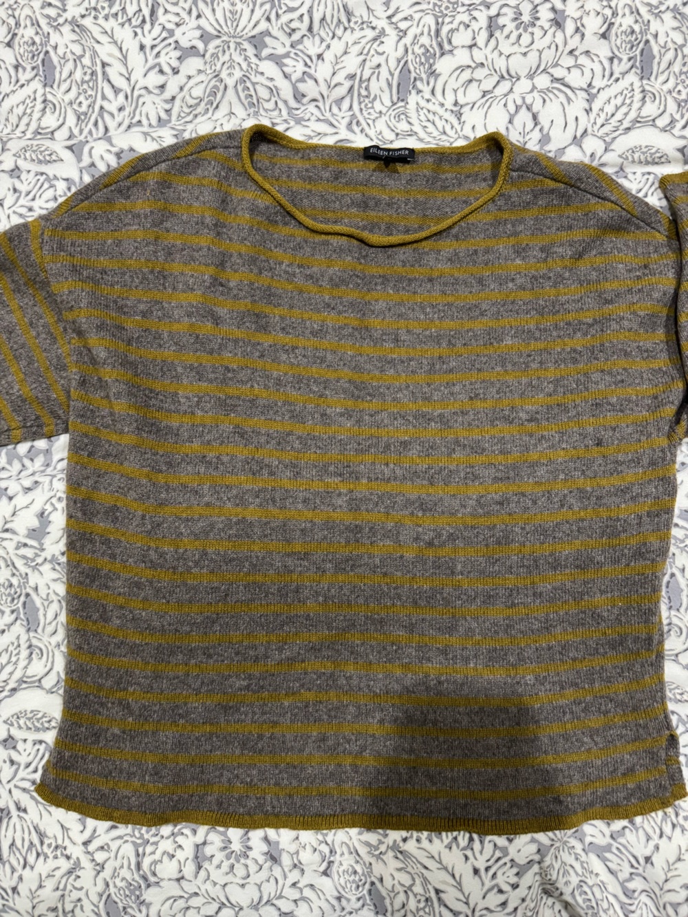 Eileen Fisher Gray and Mustard Striped Scoop-Neck yak & wool Sweater size L - Picture 8 of 12